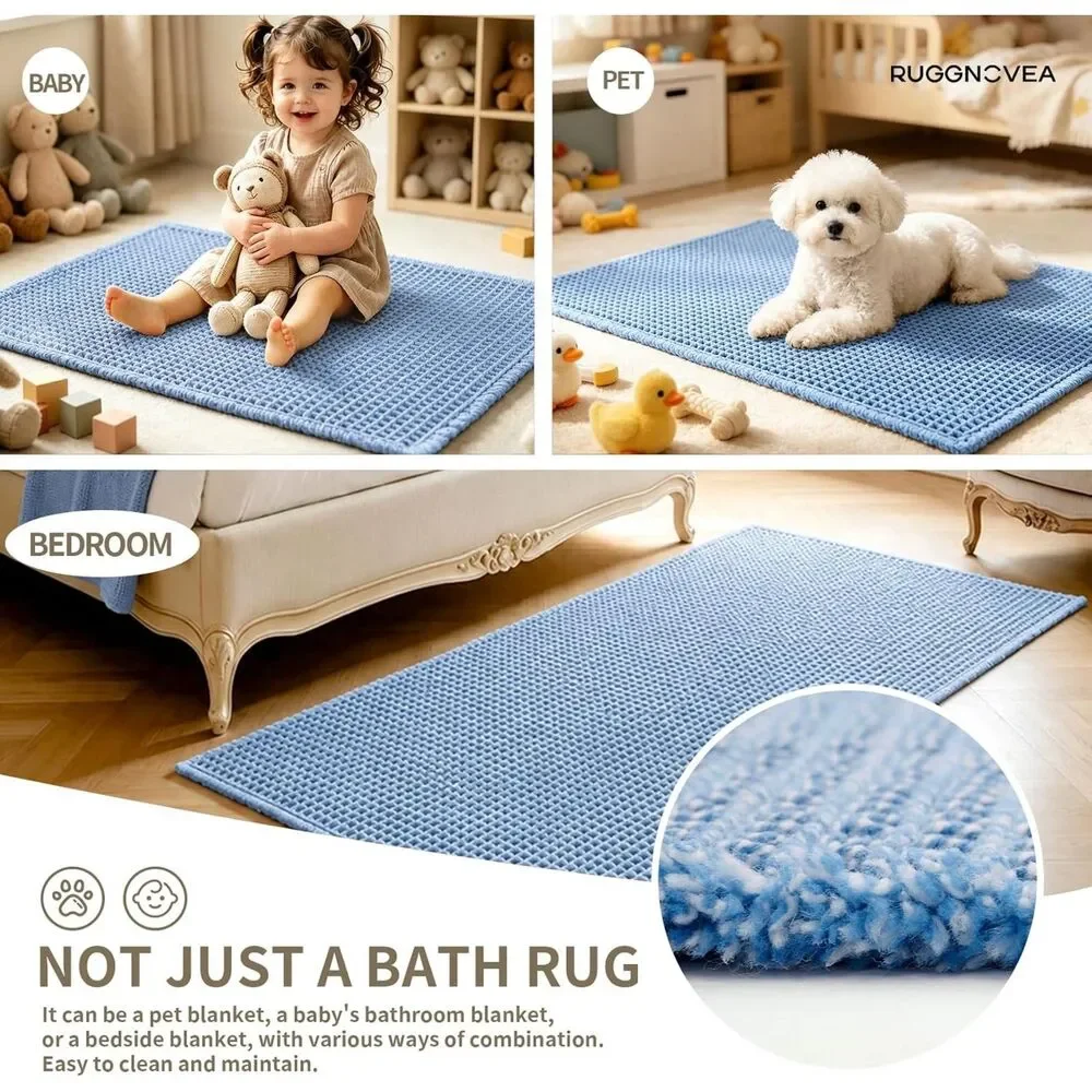 Light Blue Waffle Bath Mat 48x24 Non Slip Absorbent Washable Boho Rug Tassels